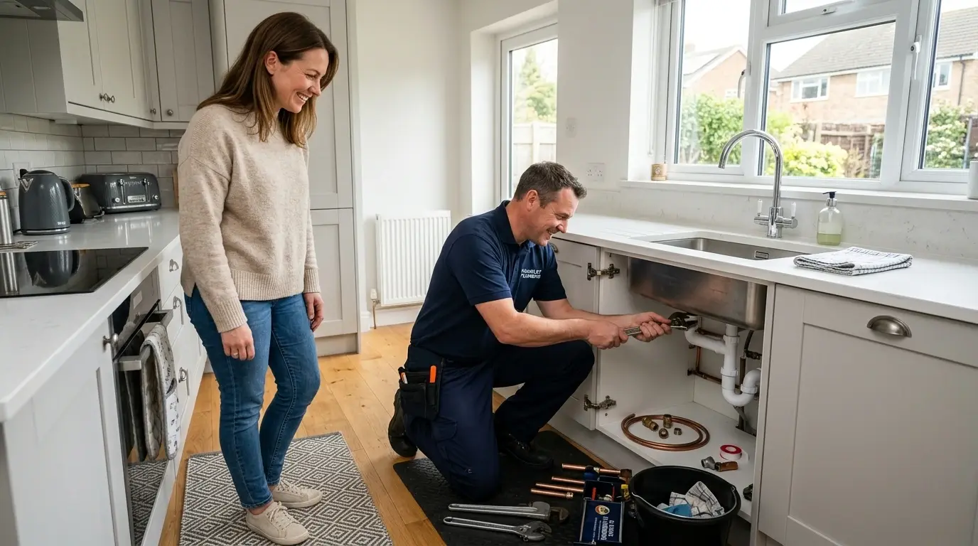 Professional plumber in Crawley West Sussex repairing a kitchen sink to help homeowners save money on plumbing repairs.