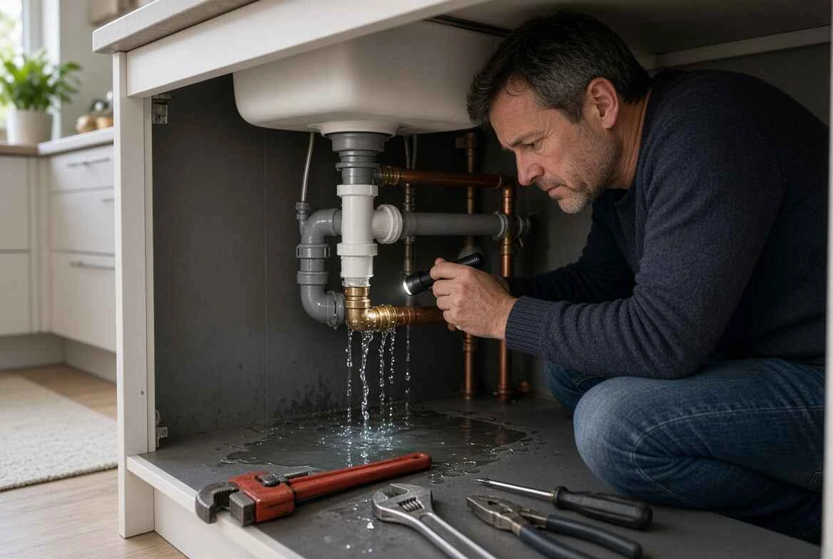 Homeowner inspecting a leaking kitchen sink pipe in a UK home