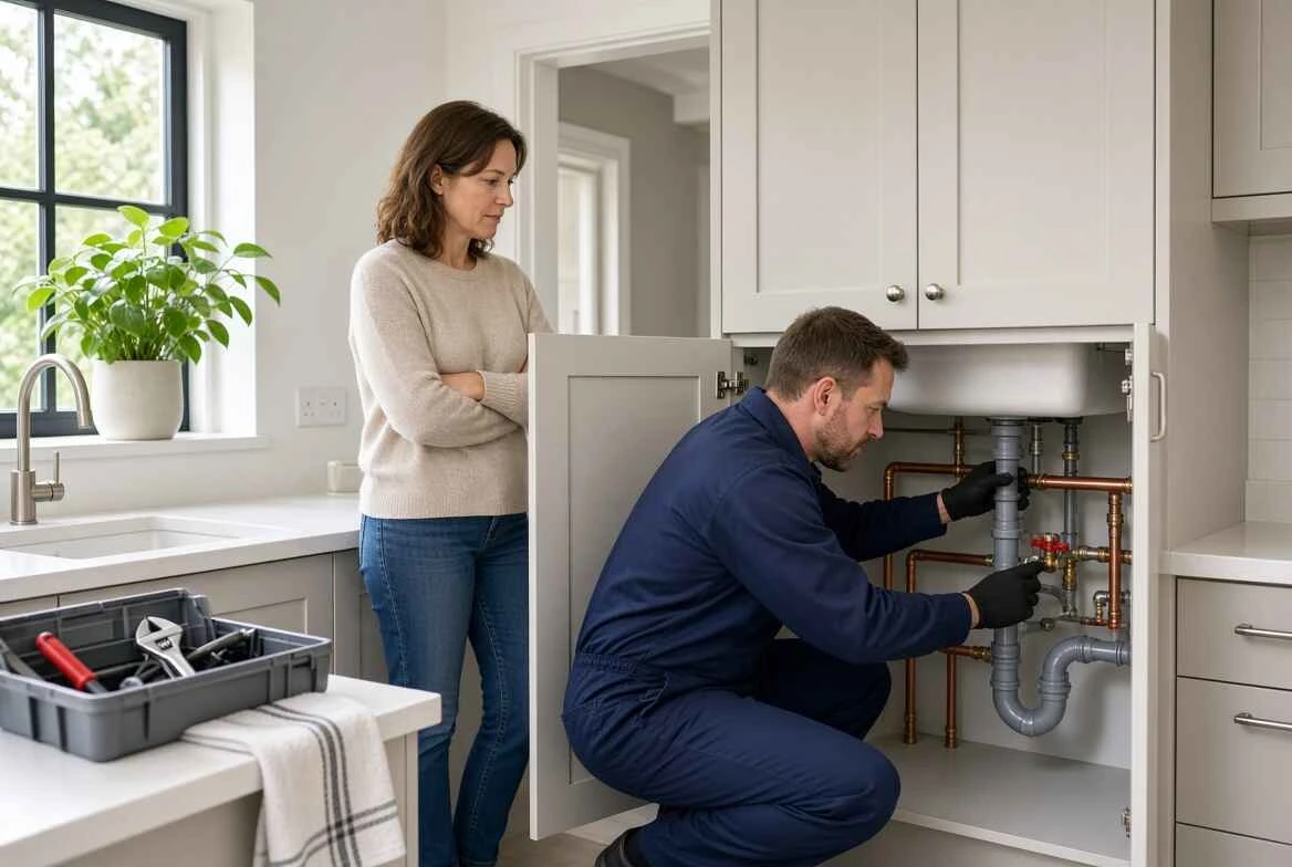 Professional plumber inspecting household plumbing during routine maintenance