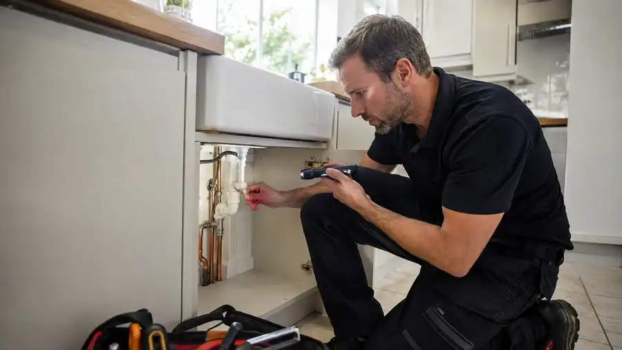 Professional plumber inspecting pipework beneath a kitchen sink in a Crawley home