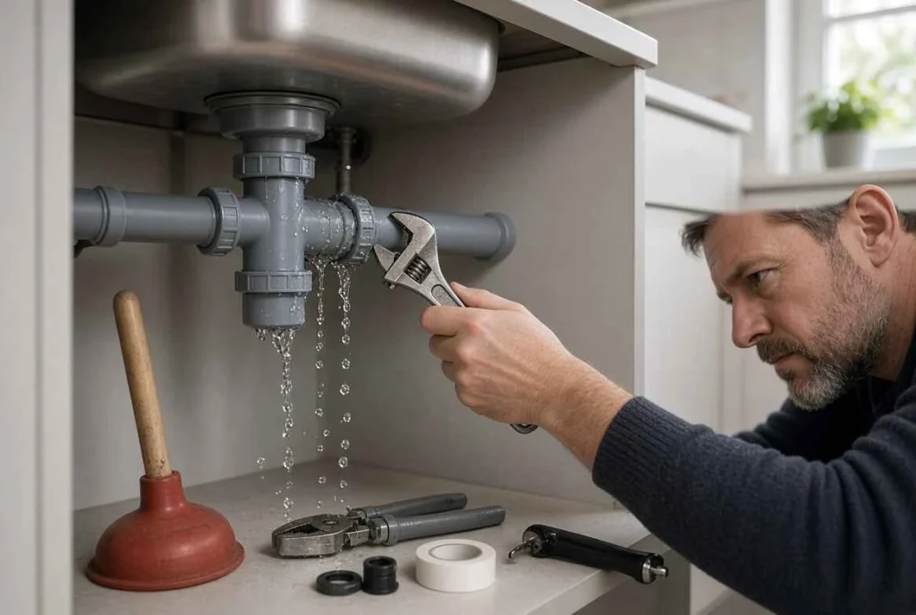 Professional plumber repairing a household plumbing problem in a UK home