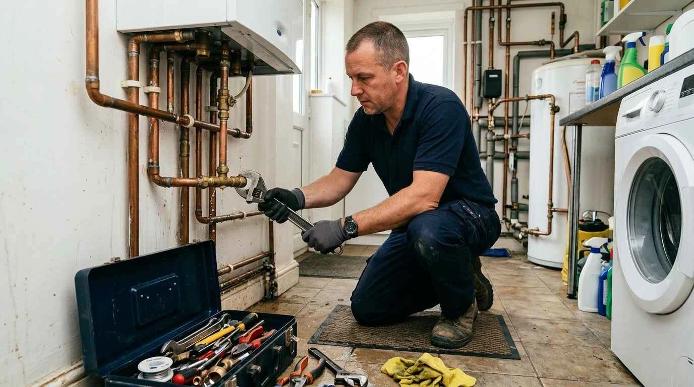 Emergency plumber carrying out pipework repair in Furnace Green