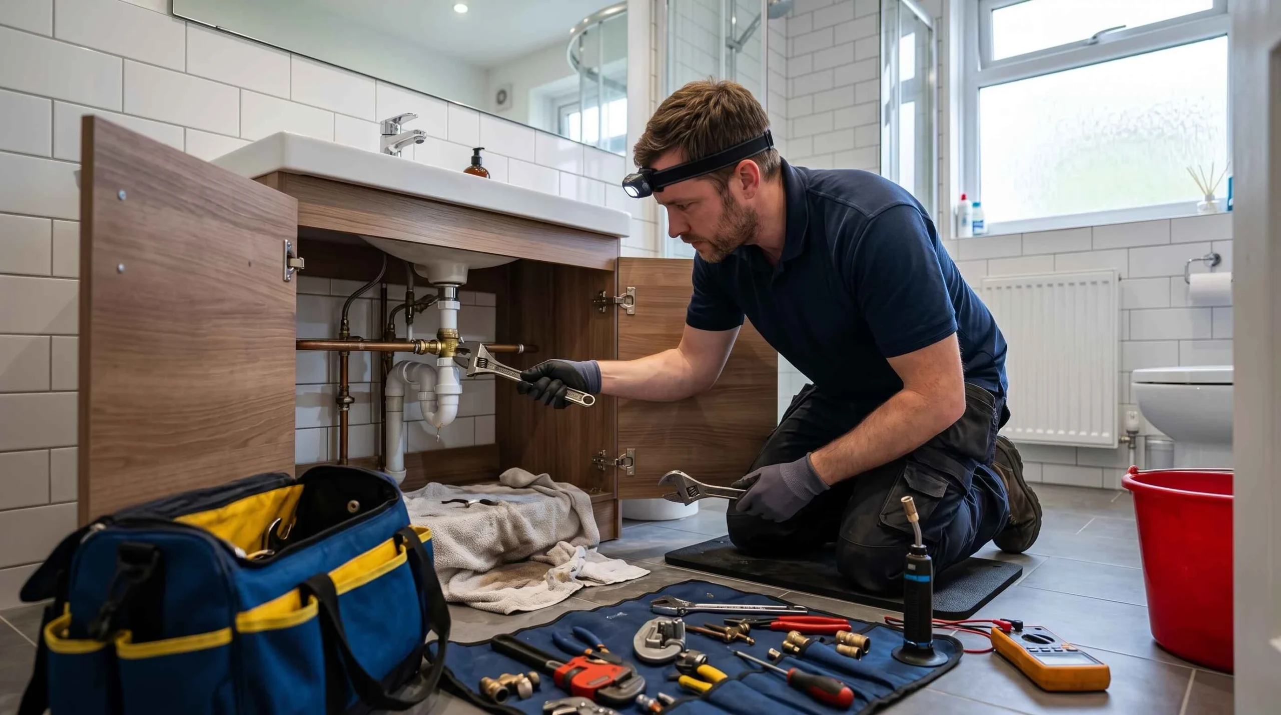 Plumb Buster engineer fixing a bathroom leak in Southgate, Crawley