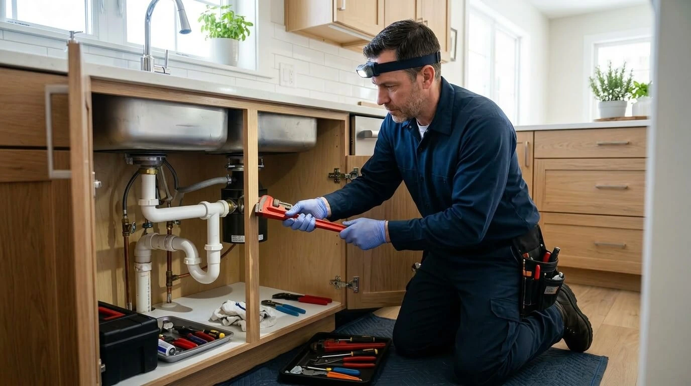 Plumb Buster engineer completing kitchen sink plumbing repair in Crawley