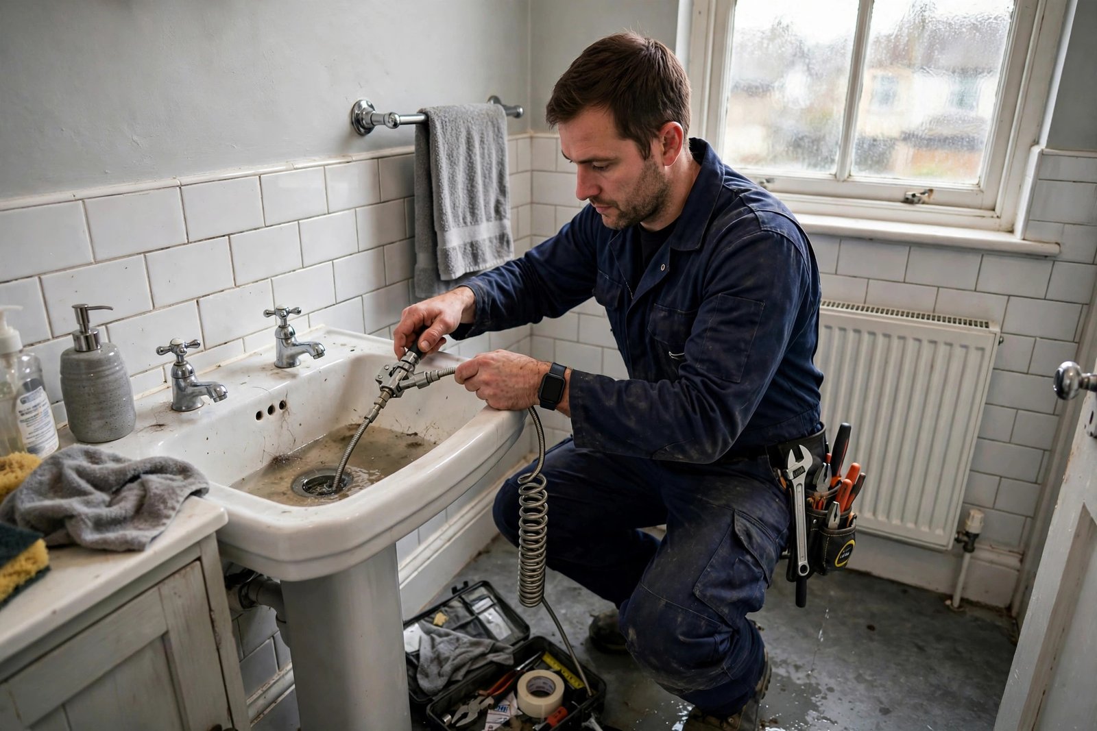 Blocked drain being cleared in a Crawley home