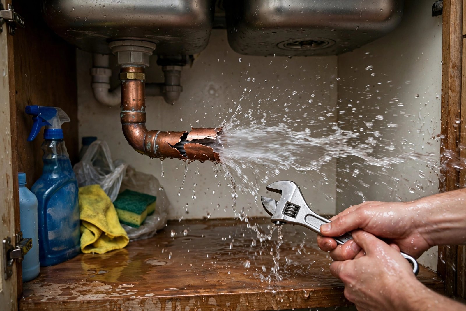 Water spraying from a burst copper pipe under a sink in a UK home, plumber's hands reaching with a wrench