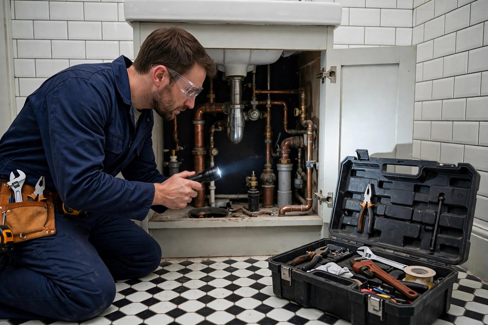 Plumber inspecting pipes with a torch under a bathroom sink in a UK home, toolbox nearby