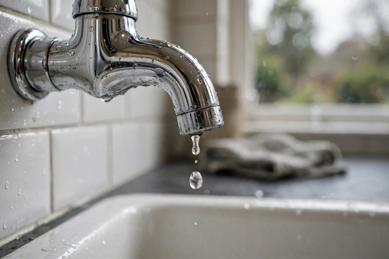 Close-up of a dripping chrome kitchen tap in a UK home with a water droplet falling