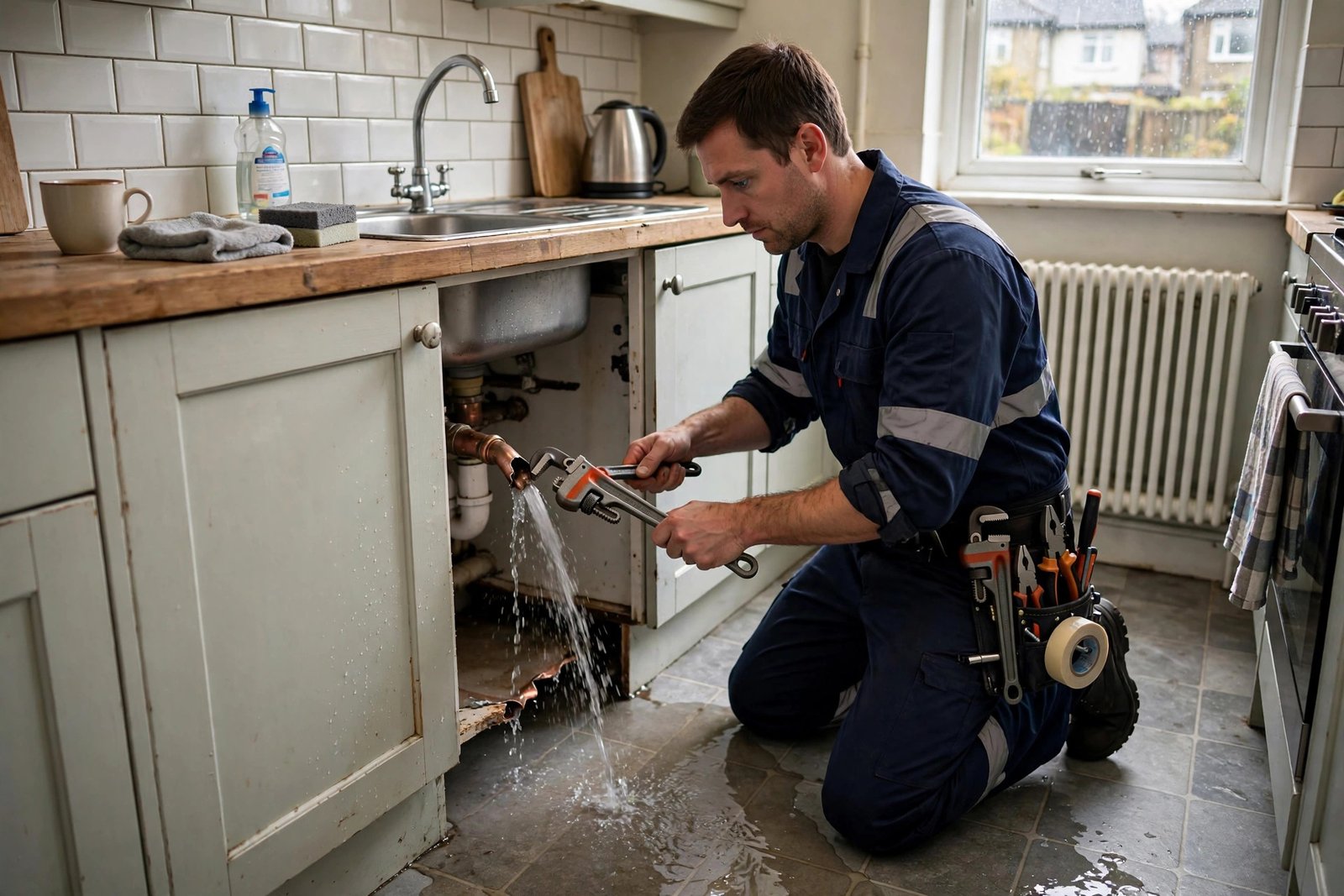 Plumber in work uniform repairing a burst pipe with a wrench in a UK home kitchen, water puddle on the floor