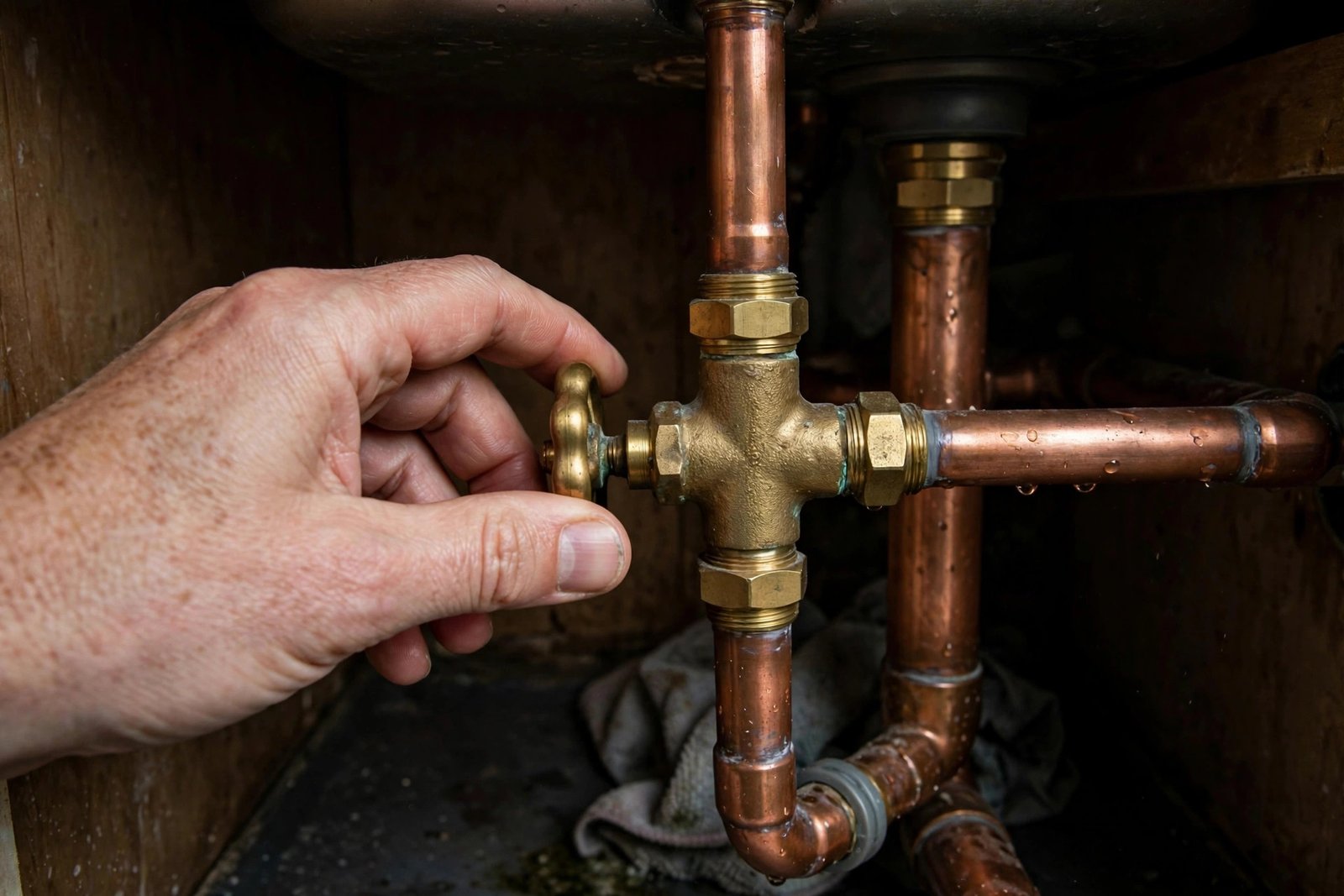 Close-up of a hand turning a brass stopcock valve under a kitchen sink in a UK home