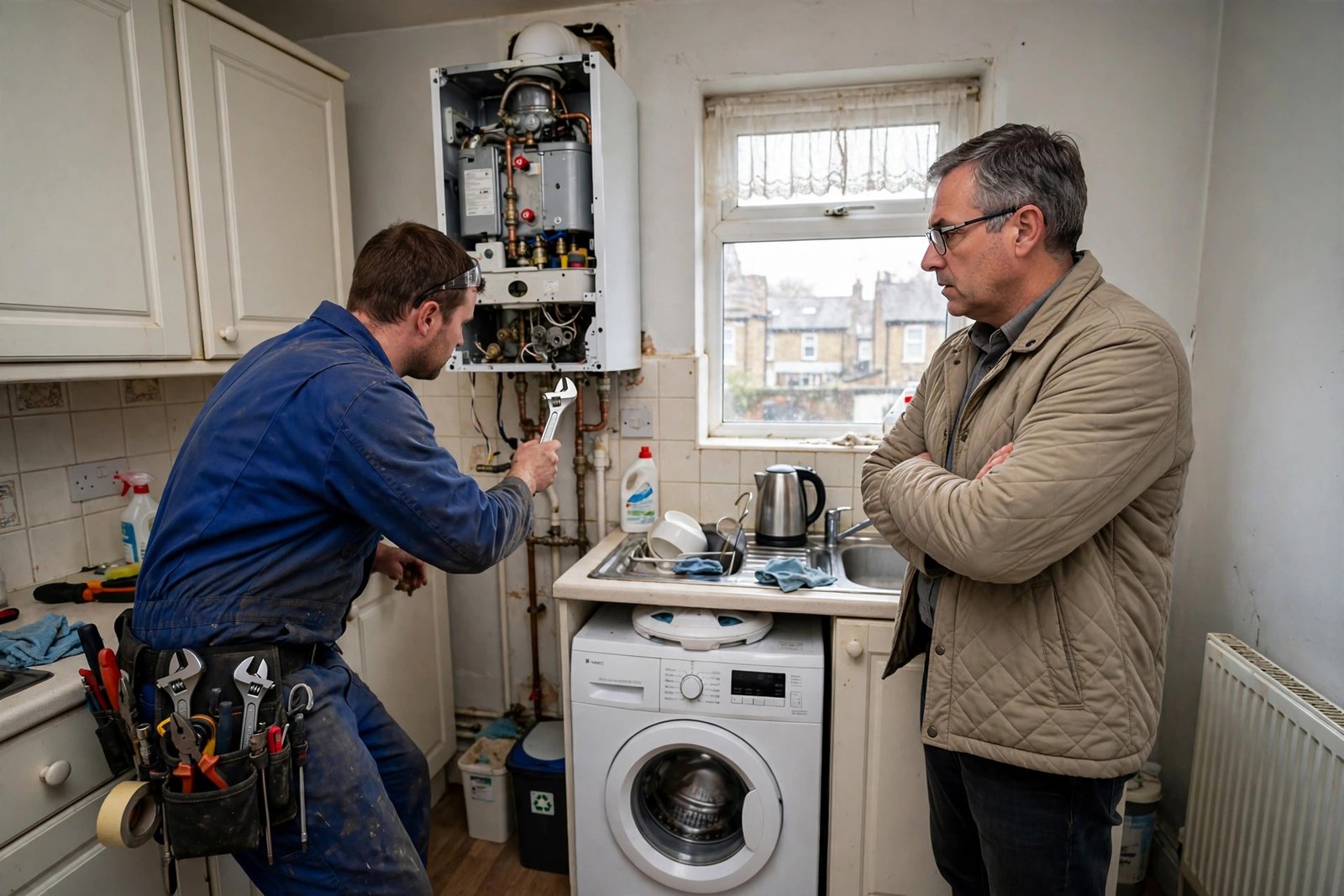 A plumber servicing a boiler in a UK rental property kitchen while a landlord watches