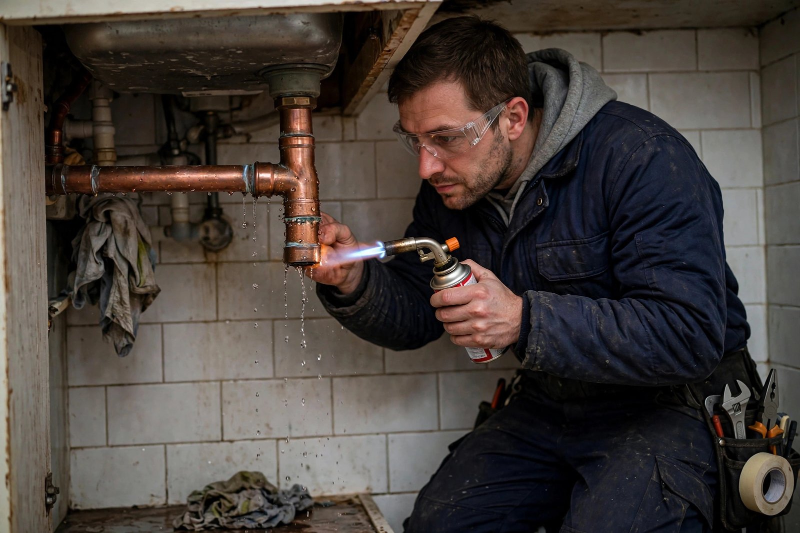 Plumber inspecting a leaking copper pipe joint with a torch in a UK home, water droplets visible