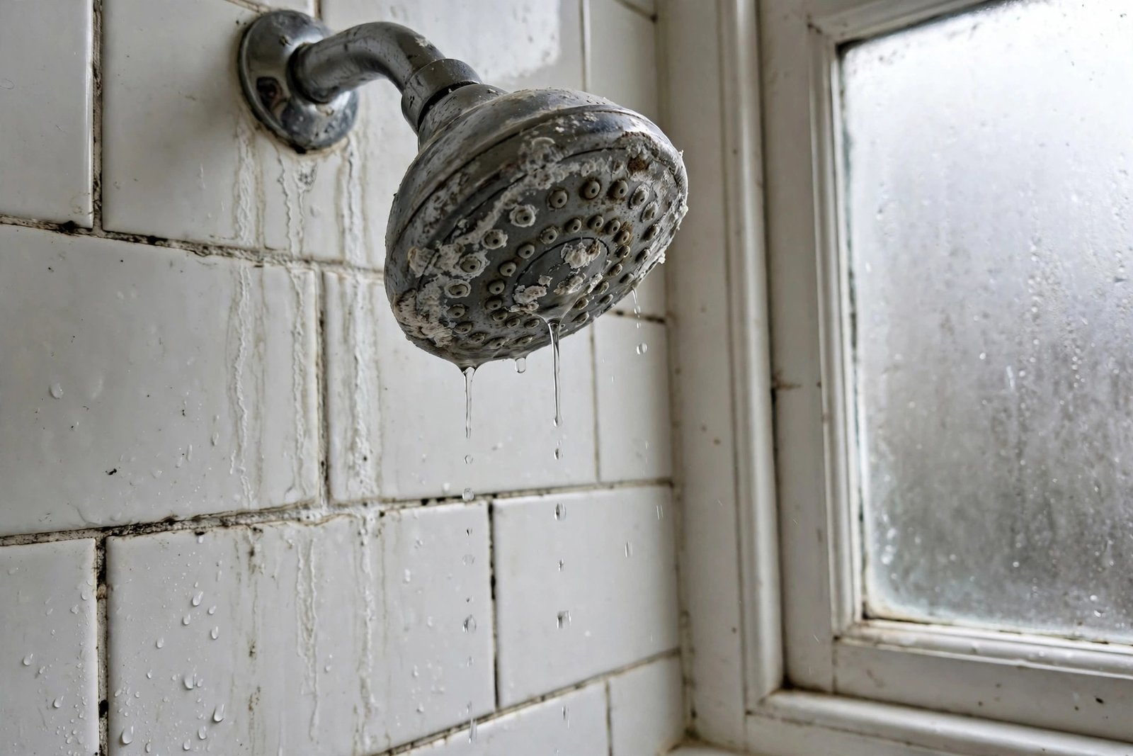 Weak trickle of water from a limescale-covered showerhead in a UK bathroom