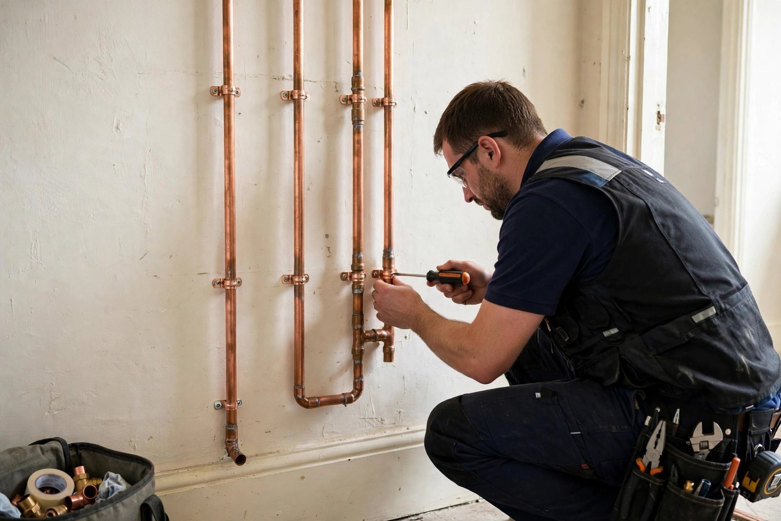 Plumber securing exposed copper central heating pipes with clips on a wall in a UK home