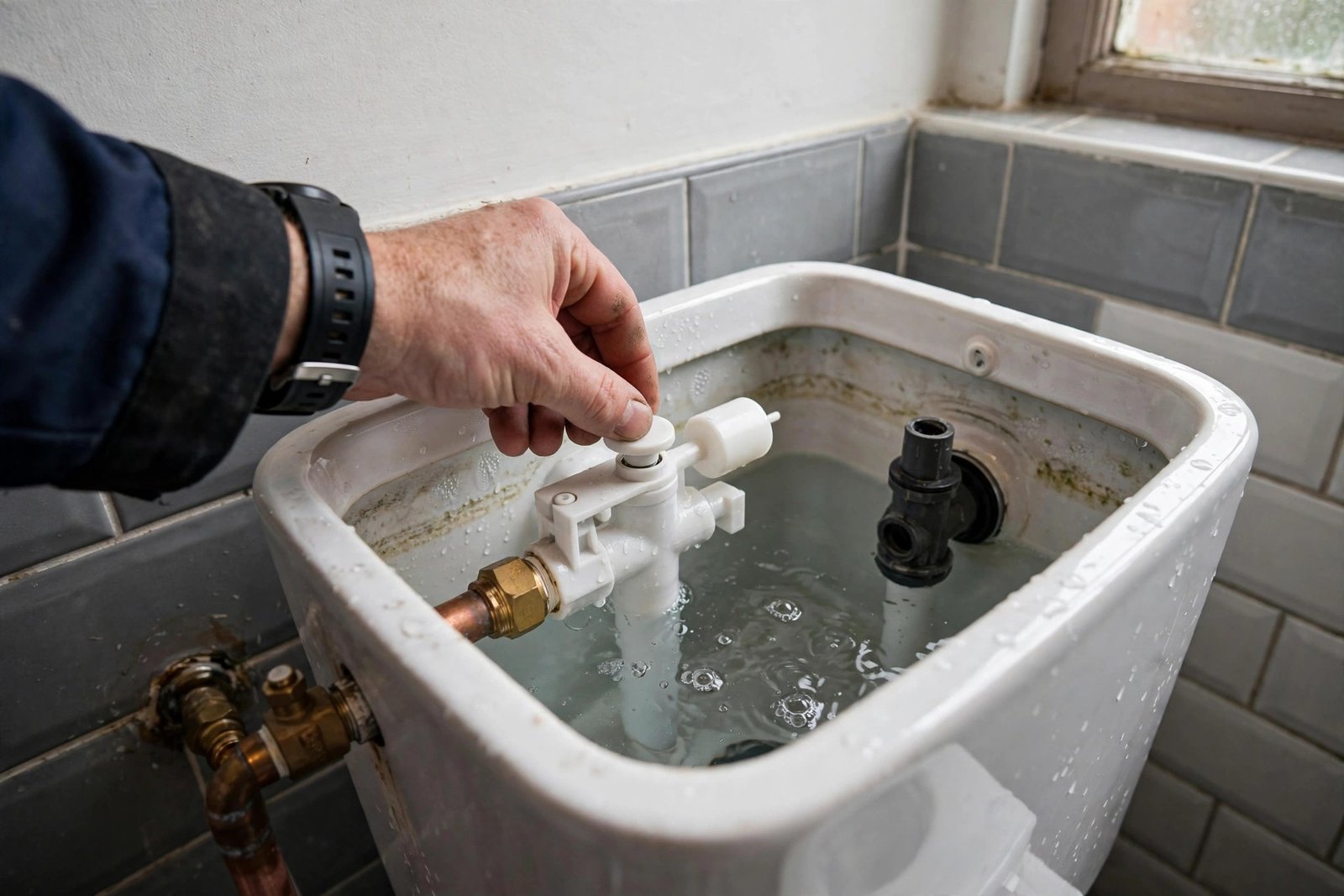 Plumber repairing a running toilet cistern in Crawley