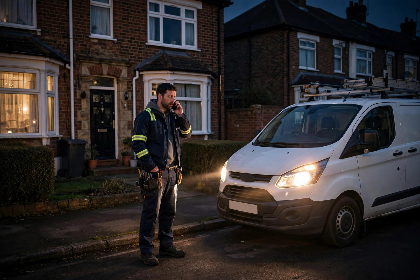 Plumber answering an emergency call at night, van with headlights outside a UK semi-detached house